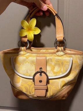 Coach Yellow Signature Canvas Shoulder Bag with Tan Leather Trim